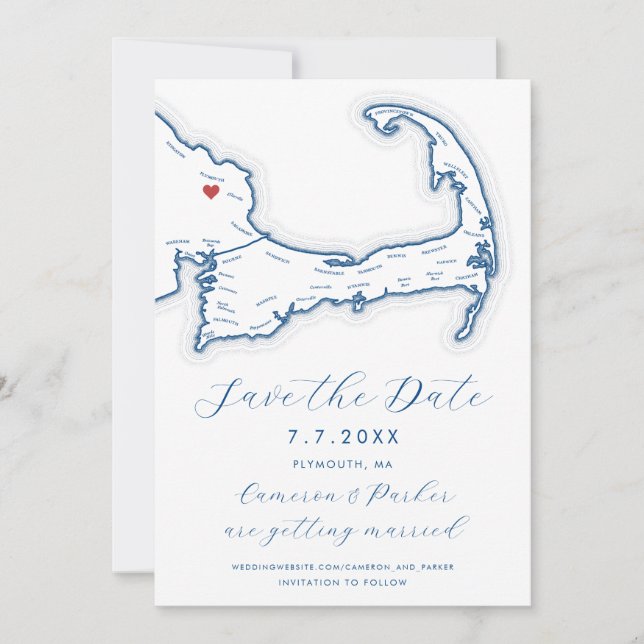 Plymouth MA Cape Cod Carte Marine Blue Mariage (Devant)