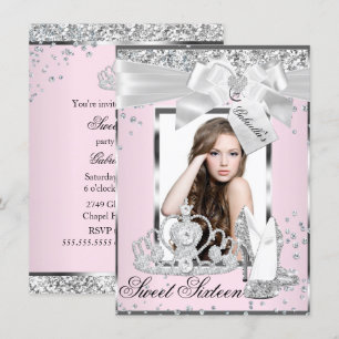 Poche rose Tiara Photo Sweet 16 Invitation
