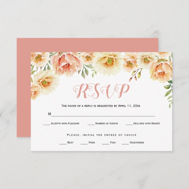 Pocher corail aquarelle fleurs mariage carte RSVP (Devant / Derrière)