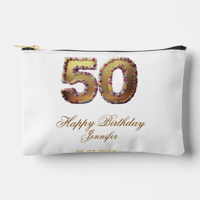 Pochette À Accessoires 50e anniversaire ajouter nom date année or floral  (Recto)