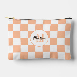 Pochette À Accessoires à damiers pêche et blanc rétro géométrique Monogra