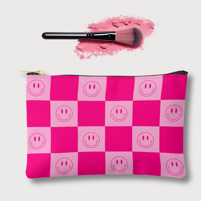 Pochette À Accessoires À damiers rose chaud et sourire Super (Créateur téléchargé)