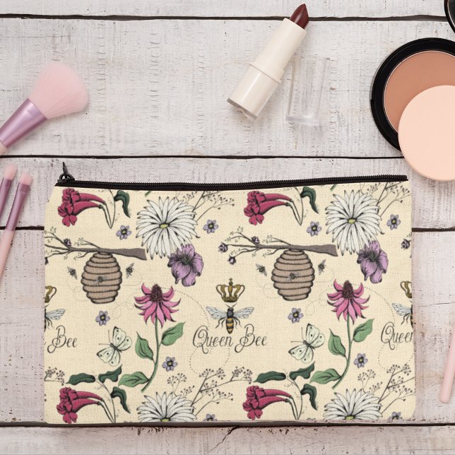 Pochette À Accessoires Abeille jaune et couronne or (Chic & Trendy Queen Bee & Exotic Flowers Makeup or Accessory Pouch on an Elegant Yellow Background.)