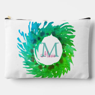 Pochette À Accessoires Ajouter une couronne de Noël vert rose monogramme