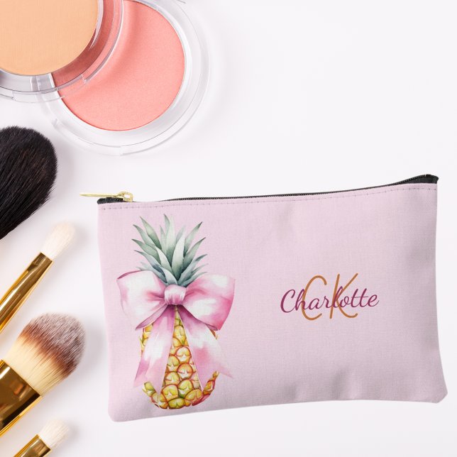 Pochette À Accessoires Ananas à ruban rose monogramme tropical (Créateur téléchargé)