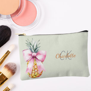 Pochette À Accessoires Ananas à ruban rose monogramme tropical vert sauge