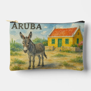 Pochette À Accessoires Âne d'Aruba avec maison Cunucu jaune aquarelle