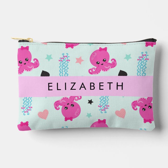 Pochette À Accessoires Animaux de mer, poulpe, méduse, Coeurs, Votre nom (Recto)