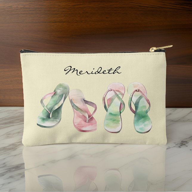 Pochette À Accessoires Aquarelle Couleur rose et vert Flip Flops été (Créateur téléchargé)