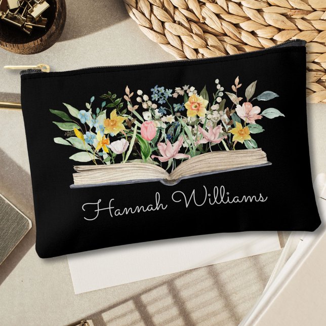 Pochette À Accessoires Aquarelle customisée Open Book Flowers Floral (In situ)
