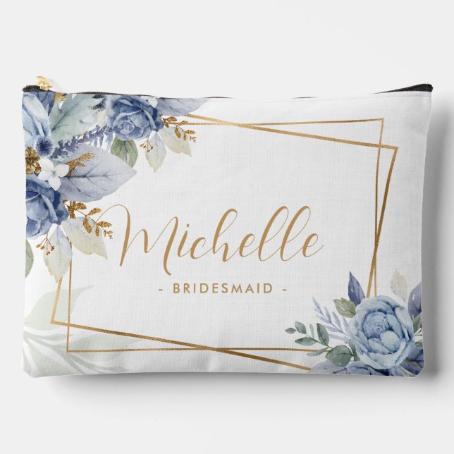 Pochette À Accessoires Aquarelle Dusty Blue & Gold Floral Bridesmaid (Recto)