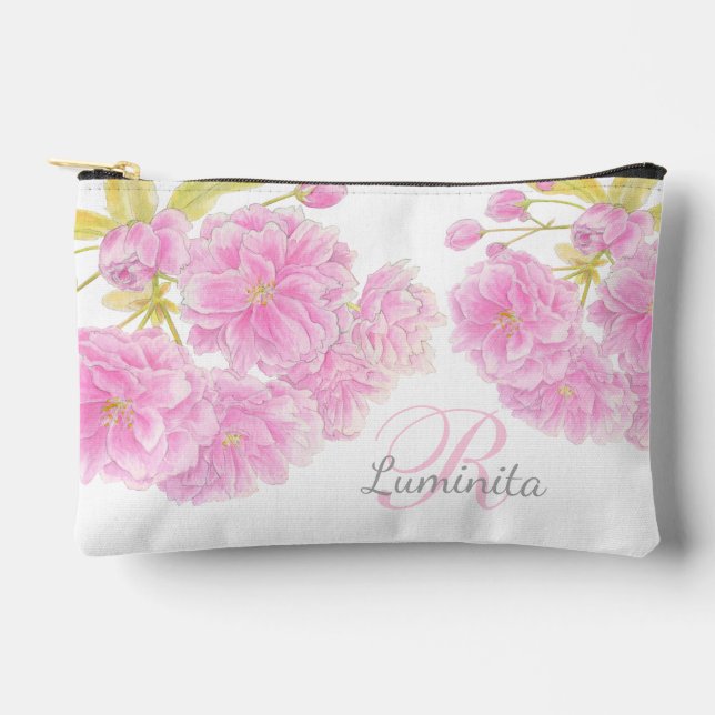 Pochette À Accessoires Aquarelle en fleur rose nom personnalisé (Recto)