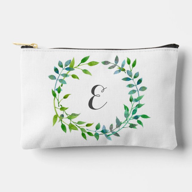 Pochette À Accessoires Aquarelle Feuille verte | Monogramme (Recto)