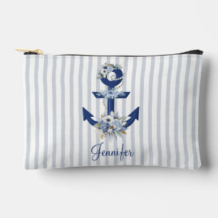 Pochette À Accessoires aquarelle floral bleu marine rayures nom chic