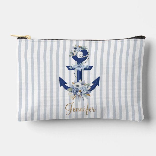 Pochette À Accessoires aquarelle florale bleu marine rayures or nom (Recto)