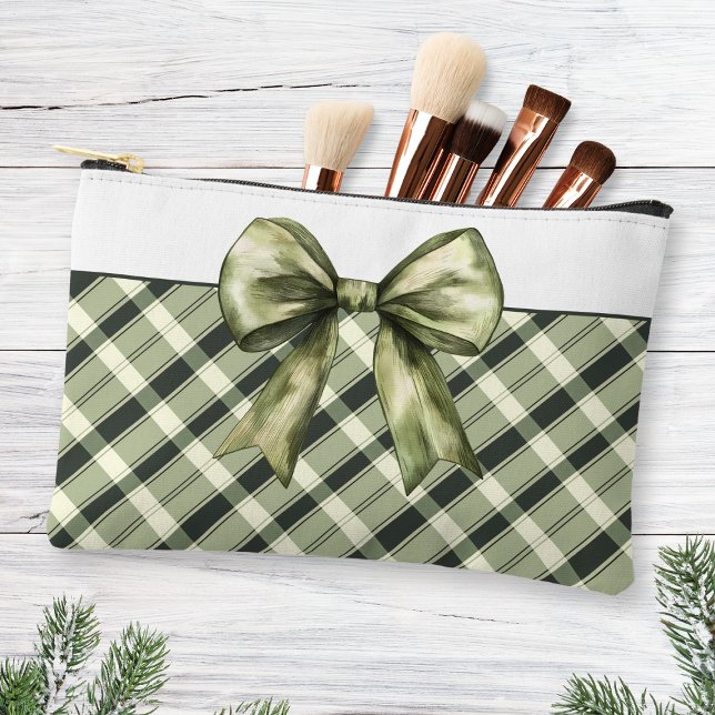 Pochette À Accessoires Aquarelle Olive Green Bow Plaid Moderne Rustique (Watercolor Olive Green Bow Plaid Modern Rustic Accessory Pouch Cosmetic Bag)