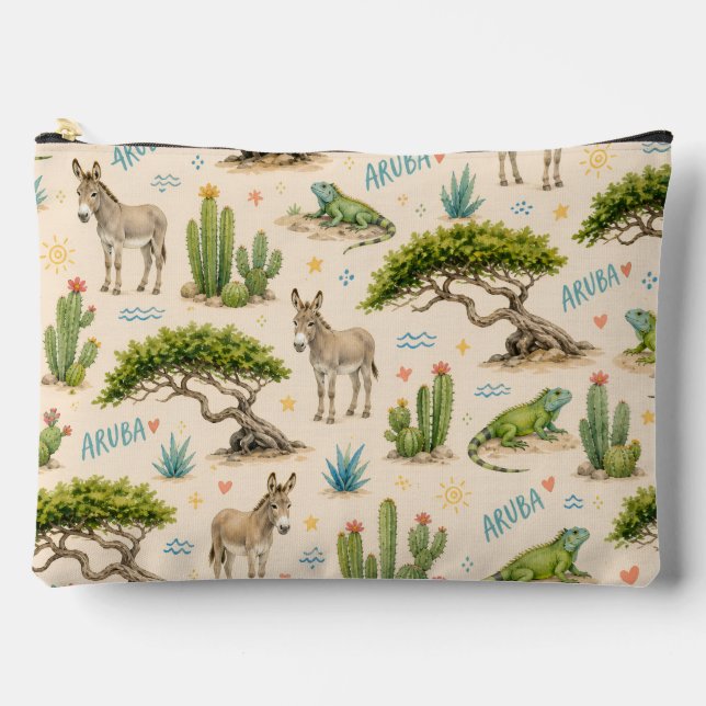 Pochette À Accessoires Arbre divi d'Aruba, âne, iguane, cactus (Recto)