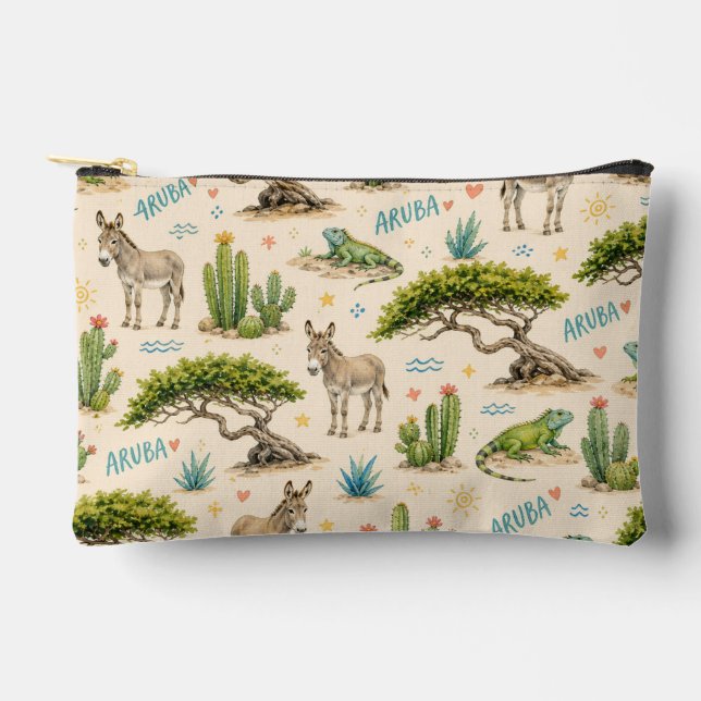 Pochette À Accessoires Arbre divi d'Aruba, âne, iguane, cactus (Recto)