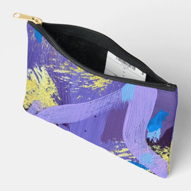 Pochette À Accessoires Art abstrait violet, jaune et bleu vif (Ouvrir)