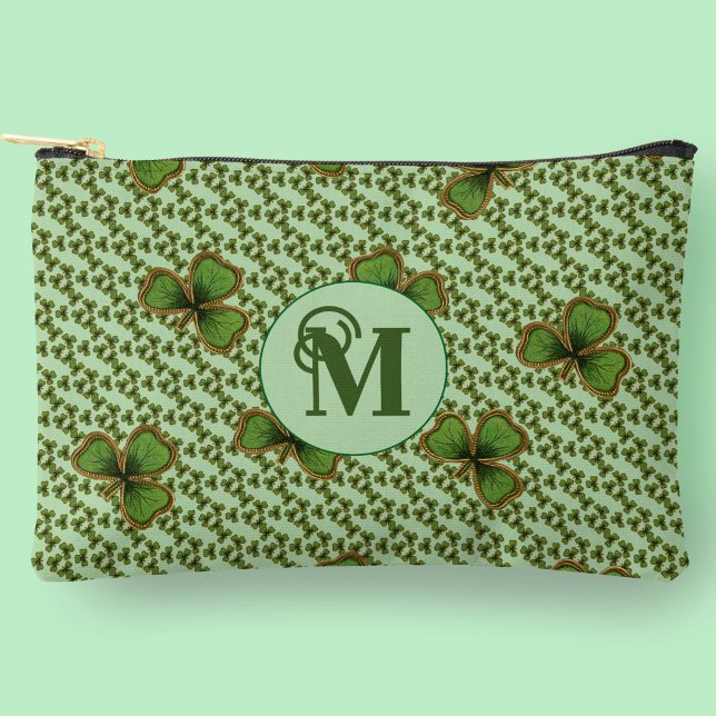 Pochette À Accessoires Assez Vert et Or Trèfle Irlandais Monogramme (Créateur téléchargé)