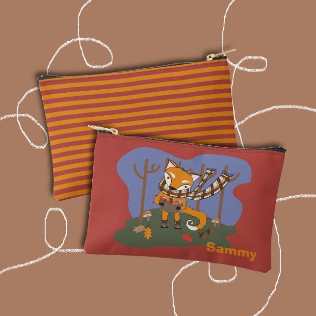 Pochette À Accessoires Autumn Fox Kid Zipper Pouch with Name (Cute kid zipper pouch with a cartoon fox on the front and a stripe pattern on the back .)
