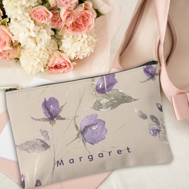 Pochette À Accessoires Beige violet Fleur sauvage Élégance Boho tendance (Créateur téléchargé)