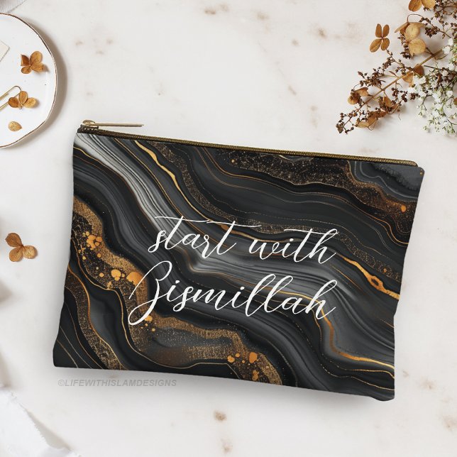Pochette À Accessoires Bismillah Alhamdullilah Agate Noir Or (Créateur téléchargé)