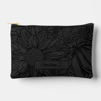Pochette À Accessoires Black on Grey Chrysanthemums with Name