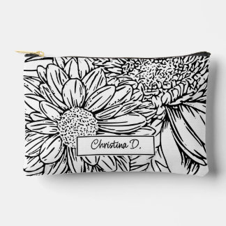 Pochette À Accessoires Black on White Chrysanthemums with Name