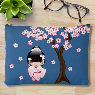 Pochette À Accessoires Blanc Kimono Kokeshi Doll Cute Geisha Girl Blue