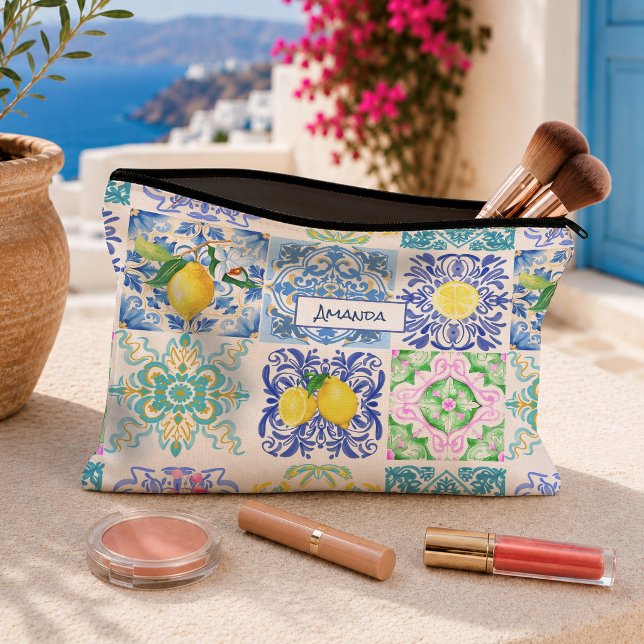 Pochette À Accessoires Bleu Jaune d'Été Azulejo Citron Sicilien (Créateur téléchargé)