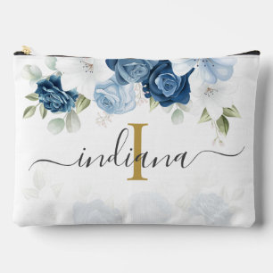 Pochette À Accessoires Bleu Poussiéreux Floral Monogramme Écriture Aquare