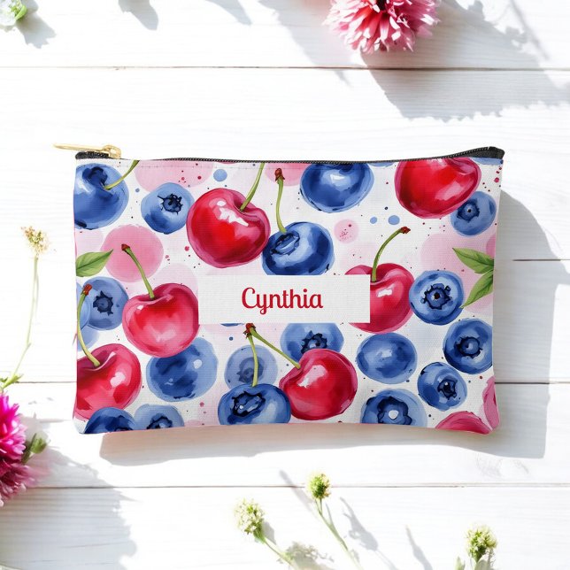 Pochette À Accessoires Blue Red Fruit Food Motif Berry Cherry (Créateur téléchargé)