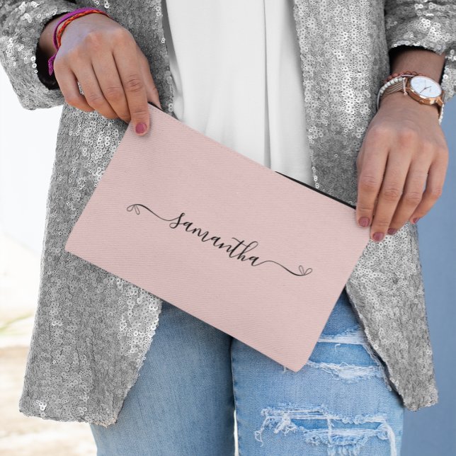 Pochette À Accessoires Blush de nom de signature de nœud mignon (Luxury Silver White Marble Signature Name Accessory Pouch)