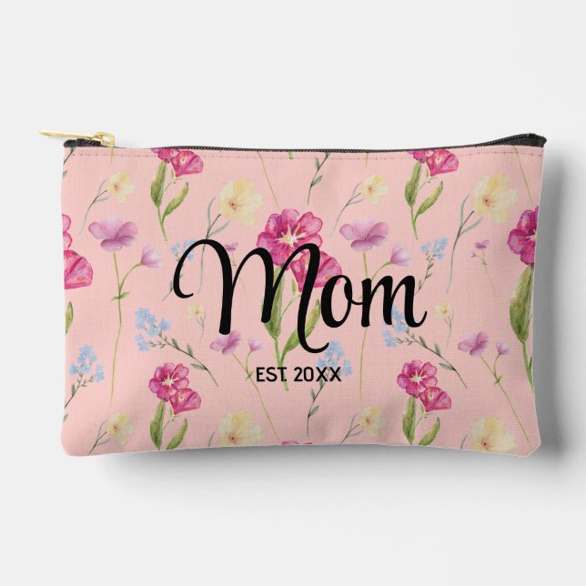 Pochette À Accessoires Blush Rose Fleur Sauvage Script Maman Établie  (Recto)