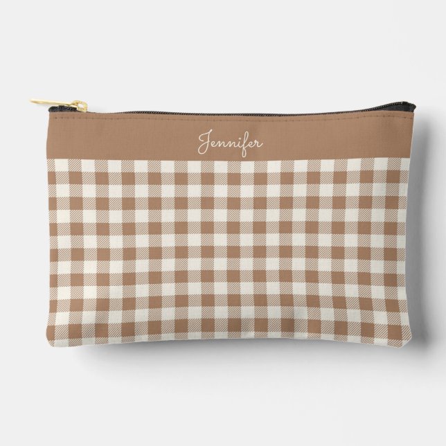 Pochette À Accessoires Boho Gingham Pattern Plaid Checkered Brown Name (Recto)