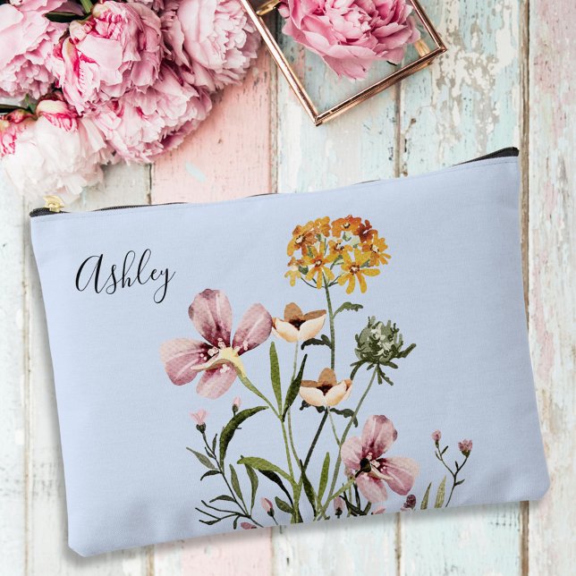 Pochette À Accessoires Bouquet de fleurs sauvages à aquarelle et monogram (In situ, on table)