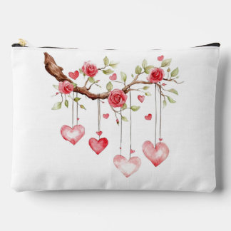 Pochette À Accessoires Branche de roses roses à l'aquarelle avec coeurs s