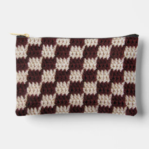 Pochette À Accessoires Brown Ecru À damiers Motif Crochet Artiste Imprime