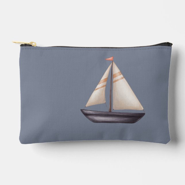 Pochette À Accessoires Brown Sailing Boat and Name on Gray (Recto)