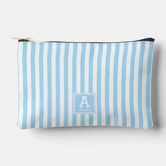 Pochette À Accessoires Cabana Rayures Bleu Poudre Monogramme Initiales (Recto)