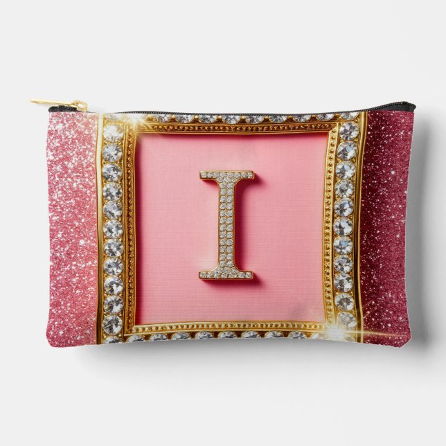 Pochette À Accessoires Cadre Doré Initiale Diamant I Monogramme Paillette (Recto)