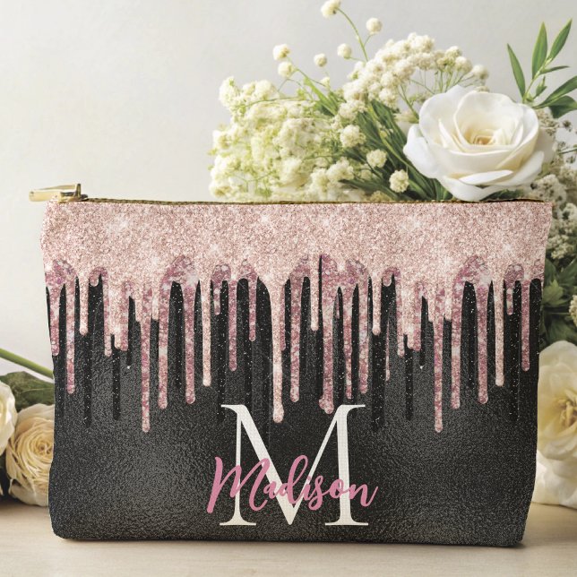 Pochette À Accessoires Carnet monogramme noir à goutte noire rose chic (Créateur téléchargé)