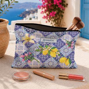 Pochette À Accessoires Carreaux de majolique de motif de citrons bleus mé