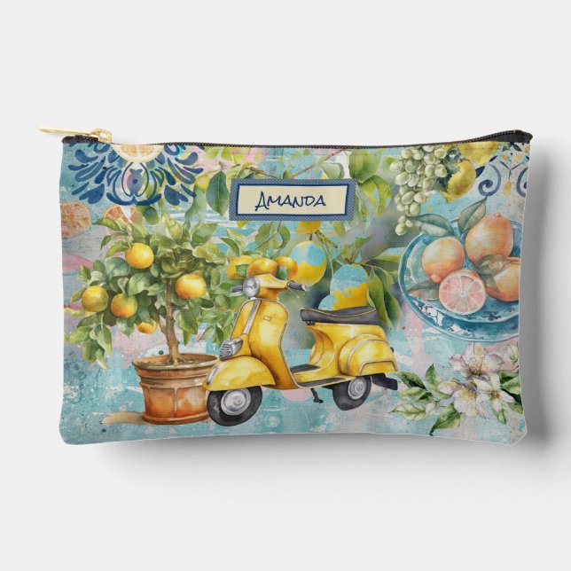 Pochette À Accessoires Carreaux fleuris chic bleu sicilien citrus collage (Recto)