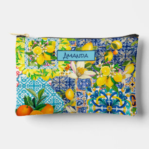 Pochette À Accessoires Carreaux fleuris d'agrumes siciliens bleu chic