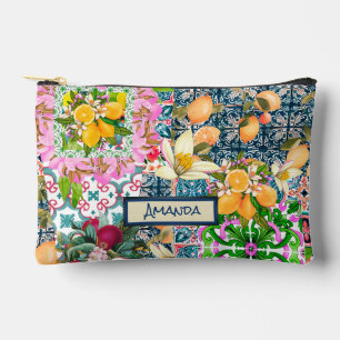 Pochette À Accessoires Carreaux floraux d'agrumes siciliens bleu chic