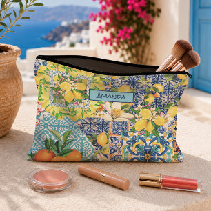 Pochette À Accessoires Carreaux floraux siciliens citriques turquoise ble