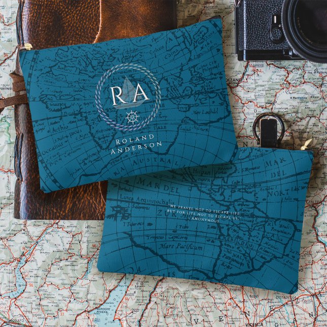 Pochette À Accessoires Carte de monogramme de corde nautique bleue (Nautical Rope Monogram Map Blue Accessory Pouch)