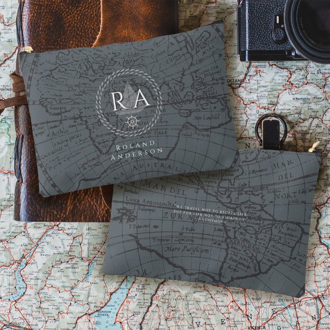 Pochette À Accessoires Carte de monogramme de corde nautique grise (Nautical Rope Monogram Map Grey Accessory Pouch)